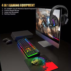 4-in-1 Gaming Combo Set: Wired Keyboard, Mouse, Headset & Mouse Pad | Rainbow LED Backlit Gaming Accessories for PC, PS4, Xbox & Complete Gamer Setup