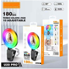 U20 PRO Ring Selfie Light – RGB Clip-On LED Fill Lamp with Adjustable Tripod, Portable Mini Lighting for Phone & Camera, Perfect for Vlogging, TikTok & Photography