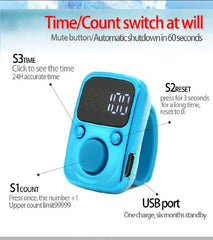 Digital LED Finger Tally Counter | Rechargeable Luminous Electronic Clicker for Prayer, Stitch Counting, and Tasks | Bright Display, Adjustable Strap, Sky Blue Finish