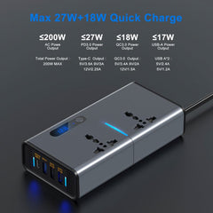 200W Universal Socket Power Inverter - 12V/24V DC to AC Converter with Dual USB Charging Ports for Phones, Tablets & Laptops, Multi-Purpose Car Power Adapter