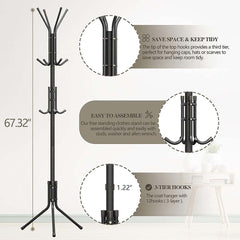 12-Hook Coat Rack Stand – Wrought Iron Freestanding Clothing Hanger with Storage Shelves, Modern Wardrobe Organizer for Bedroom, Entryway, Living Room & Office