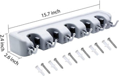 Wall-Mounted Tool & Mop Holder with Wax Handlebar | 5 Quick-Release Clamps & 6 Hooks | Space-Saving Organizer for Brooms, Mops, and Cleaning Tools