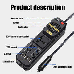 200W Car Power Inverter | DC 12V to AC 220V Converter with Dual AC Outlets, 4 USB Charging Ports & Cigarette Lighter Socket for Travel & Road Trips