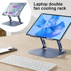 Adjustable Aluminum Desktop Laptop Stand with Cooling Fan - Foldable, Ergonomic & Portable Design for Work, Study, and Comfortable Laptop Use Anywhere