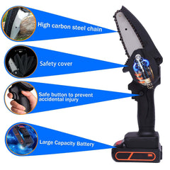 Brushless Cordless Chainsaw – Mini Electric Handheld Chainsaw with Safety Lock, High-Efficiency Motor, Rechargeable Battery for Tree Branch Cutting, Pruning & Garden Woodwork