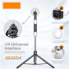 Live K10 PRO 6.5FT Tripod Stand & Selfie Stick with Dual Rechargeable Lights, Bluetooth Remote, 360° Rotation, Compatible with Smartphones, DSLR, Vlogging & YouTube