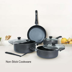 10-Piece Nonstick Cookware Set - Durable Aluminum Pots & Pans with Glass Lids, Frypan, Saucepan, Casserole, Nylon Turner, Dishwasher Safe Nonstick Cookware (Black)