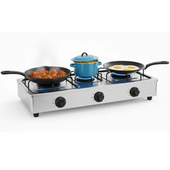 OE-444 3-Burner Gas Stove | Stainless Steel Enamel Body with Auto Ignition | Efficient, Powerful Triple-Burner Cooking for Home Kitchens