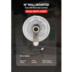 MWFV-433RC 16" Wall Mount Fan – Remote Control, 3-Speed Adjustable Tilt, Quiet & Powerful Cooling Fan for Bedrooms, Living Rooms, Shops & Offices (Space-Saving Design)