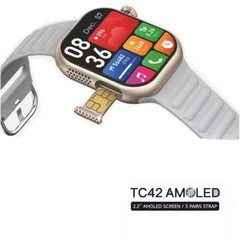 TC42 AMOLED 4G Smartwatch – 2.2" Display, 8MP Camera, SIM Card Slot, Fitness Tracking, Unisex Silver Design with 3 Interchangeable Straps