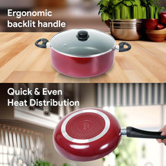 9-Piece Non-Stick Cookware Set - Durable Cast Aluminum Casserole, Kadai, Frypan & Milkpan with Glass Lids, Heat-Resistant Handles & Nylon Spatulas for Daily Cooking