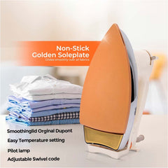 OE-21 Dry Iron | Non-Stick Teflon Coating for Smooth Ironing | Scratch-Free Performance for All Fabrics | Elegant White & Golden Design