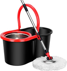 Easy Spin Mop and Bucket Set with 360° Rotation | Stainless Steel Handle & Wring Dryer Basket, Includes 2 Microfiber Mop Heads for Floor Cleaning