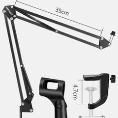 Professional Recording Microphone Stand – Adjustable Black Suspension Scissor Arm with Shock Mount, Stable Desk Clamp for Dynamic & Condenser Mics, Ideal for Studio & Streaming