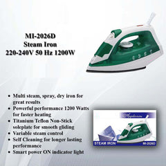 MI-2026D Steam Iron – 1200W Powerful Fabric Steamer with Spray Function, Extra-Large Water Tank, Non-Stick Soleplate & Adjustable Settings for Clothes, Curtains & Home Use