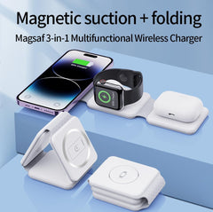 Foldable Magnetic Wireless Charger | 3-in-1 Fast Charging Bracket Stand | Compatible with iPhone, Android, Smartwatches & AirPods | Portable Charging Dock