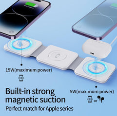 Foldable Magnetic Wireless Charger | 3-in-1 Fast Charging Bracket Stand | Compatible with iPhone, Android, Smartwatches & AirPods | Portable Charging Dock