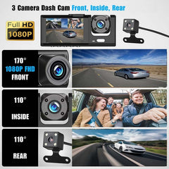 4-Inch Triple-Lens WiFi Dash Cam – Front, Rear & Cabin Recording with Night Vision, Parking Monitor, G-Sensor & Mobile App Control for Complete Driving Security