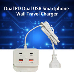Intelligent USB Power Strip Plug with Dual PD & Dual USB Ports | 5.1A Multi-Port Fast Charging, 4 USB Outputs, 100cm Cable for iPhone, Android Devices