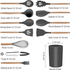 19-Piece Silicone Cooking Utensils & Knife Set with Block | Includes 11 Silicone Utensils, 5 Stainless Steel Knives, Scissors, Cutting Board | Grey