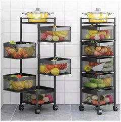 5-Layer Mobile Storage Organizer | Rotatable Basket Rack with Wheels | Elegant 92cm Black Storage Solution for Kitchen, Bathroom, and Home Use