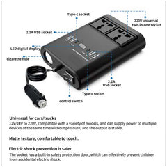 150W Universal Car Inverter – Multi-Port Travel Adapter with Dual USB Ports & AC Outlet, Compact Power Converter for Global Use in Cars, Road Trips & Travel