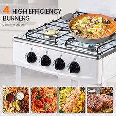 4-Burner Stainless Steel Gas Stove – Auto Ignition LPG Stove for Home & Outdoor Use | Durable, Energy-Efficient & Easy-to-Clean White Design