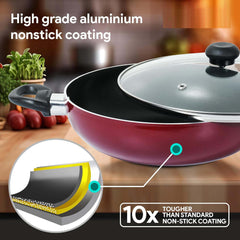 9-Piece Non-Stick Cookware Set - Durable Cast Aluminum Casserole, Kadai, Frypan & Milkpan with Glass Lids, Heat-Resistant Handles & Nylon Spatulas for Daily Cooking
