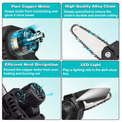 Brushless Cordless Chainsaw – Mini Electric Handheld Chainsaw with Safety Lock, High-Efficiency Motor, Rechargeable Battery for Tree Branch Cutting, Pruning & Garden Woodwork