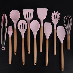 12-Piece Silicone Kitchen Utensil Set – Non-Stick Cooking & Baking Tools with Wooden Handles | Heat-Resistant, Scratch-Proof Design in Convenient Nylon Storage Case