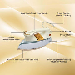MHI-30 Automatic Dry Iron – 1000W Powerful Clothes Iron with Stainless Steel Soleplate, Auto Shut-Off, Anti-Drip & Adjustable Temperature Control for Daily Home Use