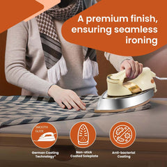 OE-21 Dry Iron | Non-Stick Teflon Coating for Smooth Ironing | Scratch-Free Performance for All Fabrics | Elegant White & Golden Design