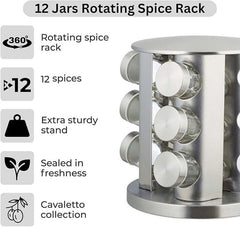 12-Piece Glass Spice Jar Set – Rotating Stainless Steel Spice Rack with 120ml Round Jars for Kitchen Organization