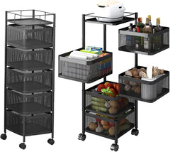 5-Layer Mobile Storage Rack | Rotatable Basket Organizer with Wheels | Elegant Black Finish | 92cm