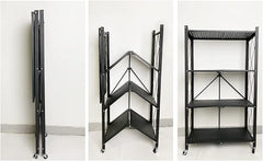 4-Layer Black Mobile Folding Kitchen Storage Rack – No-Installation, Thickened Multi-Purpose Shelf