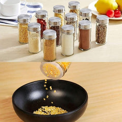 12-Piece Glass Spice Jar Set – Rotating Stainless Steel Spice Rack with 120ml Round Jars for Kitchen Organization